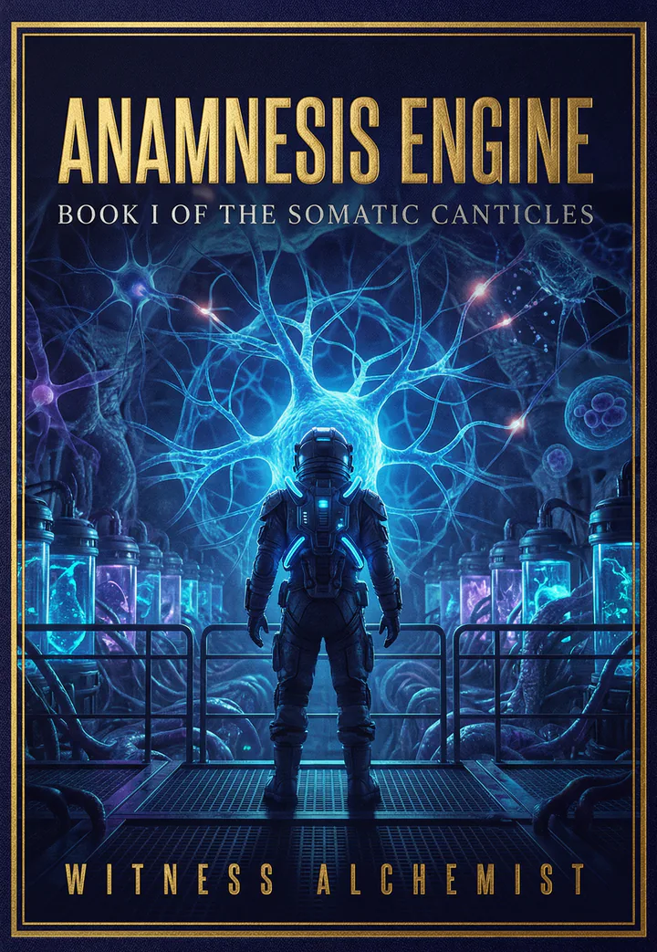 Cover of The Anamnesis Engine, Book I of the Somatic Canticles by Witness Alchemist: a suited figure stands on a catwalk beneath a glowing blue neural web, between rows of lit specimen tanks.