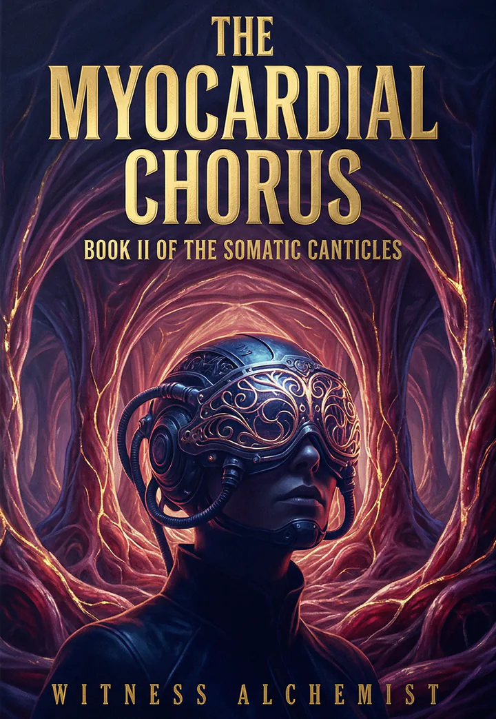 Cover of The Myocardial Chorus, Book II of the Somatic Canticles by Witness Alchemist: a figure in an ornate filigree visor stands inside a cavern of red, vein-like tissue.