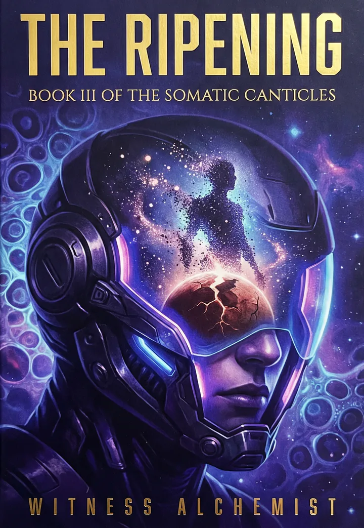 Cover of The Ripening, Book III of the Somatic Canticles by Witness Alchemist: a helmeted face whose visor holds a cracked sphere and a star-dust human silhouette.